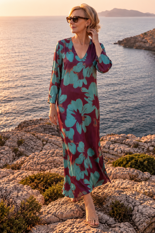 Vestido TIRSA manga 3/4 flores morado