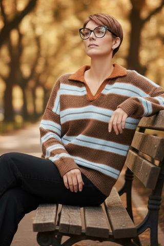 Jersey WINOLA de rayas con cuello camisero marrón