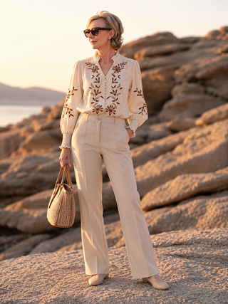Pantalon VALA ancho nervio delantero beige