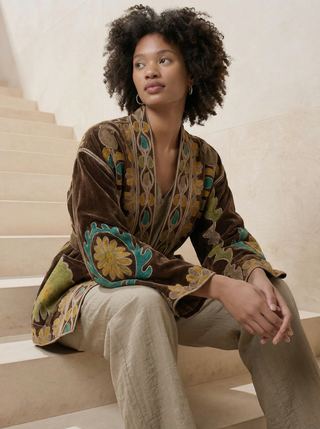 Kimono MASHA de tercipelo bordado kaki