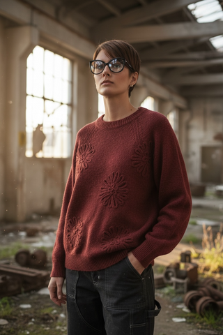 Jersey CRISA flor bordada burdeos