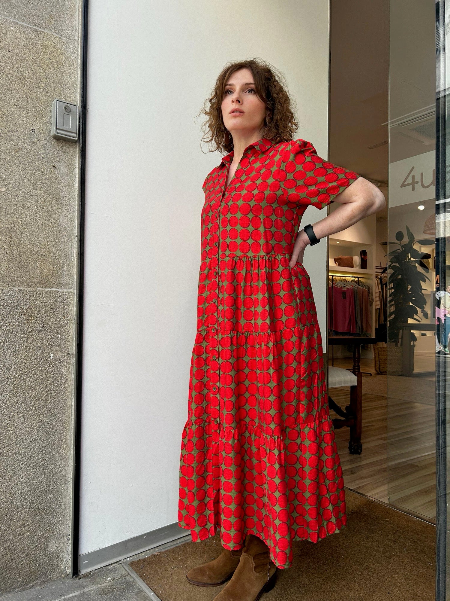Vestido KALI largo de topos rojos