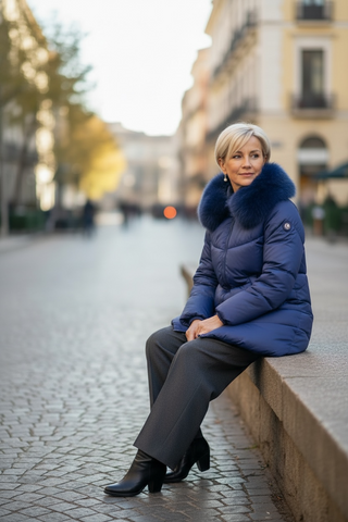 Guateado KAMALA corto con capucha de pelo extraible azul