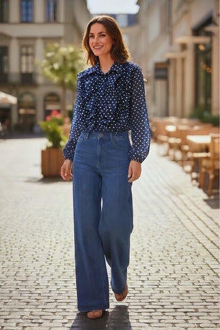 Blusa VIDIA con chorreras y topos marinos