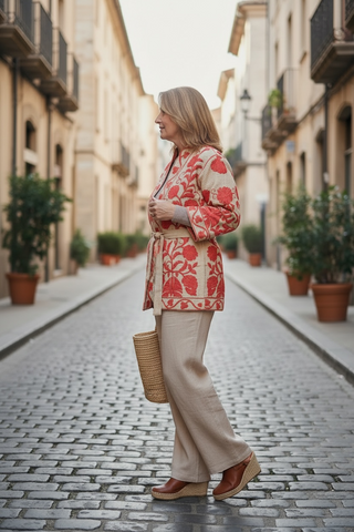 Kimono AISHA de lino rustico bordado en coral