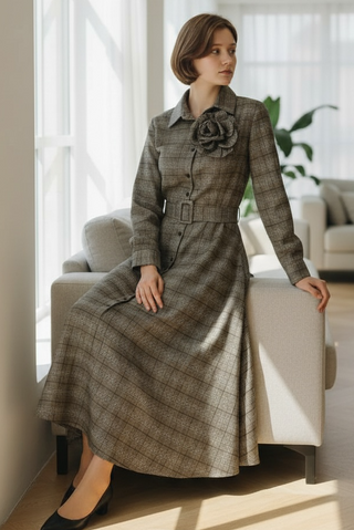 Vestido CINZIA camisero a cuadros largo topo