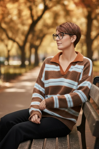 Jersey WINOLA de rayas con cuello camisero marrón