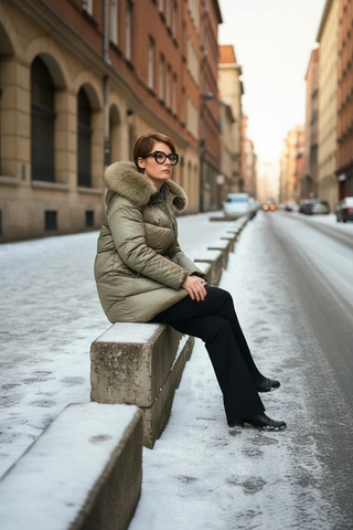 Guateado KAMALA corto con capucha de pelo extraible kaki