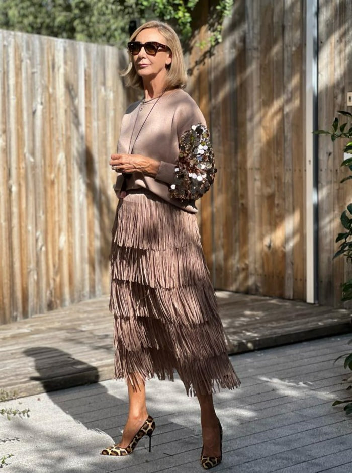 Falda SIENA larga flecos camel