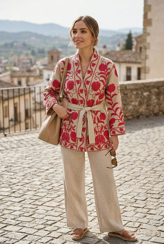 Kimono AISHA de lino rustico bordado en coral