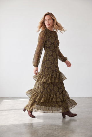 Vestido JOSS largo de tul estampado verde