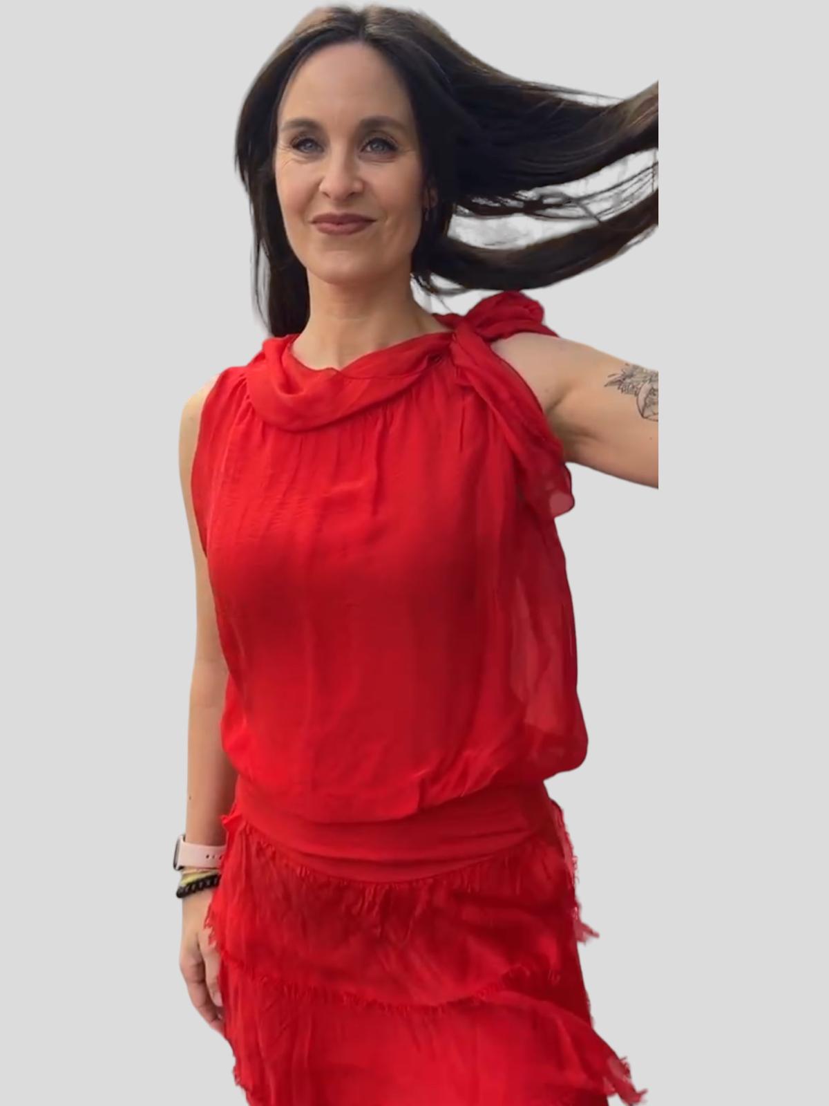 Conjunto ROMA top y falda seda rojo